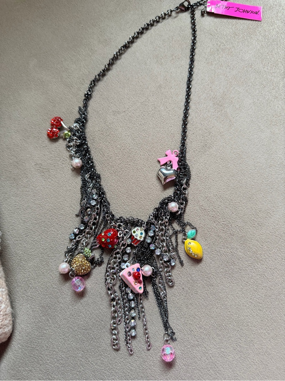 Betsey Johnson Multicolor Fruit & Charm Fringe Necklace - Pink, Red, Yellow